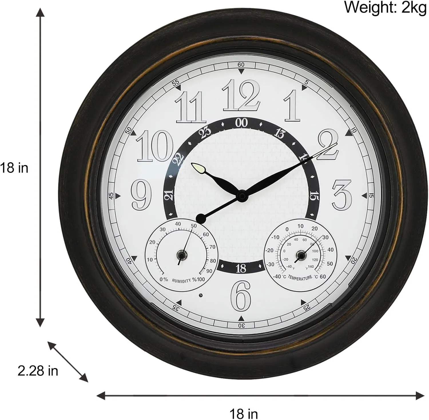 JoFomp 18 Inch Illuminated Outdoor Clock Waterproof, Metal Large Wall Clock with Temperature & Humidity, Lighted Clock with Smart Sensor, Outdoor Wall Clocks Battery Operated, Outside Clock for Patio