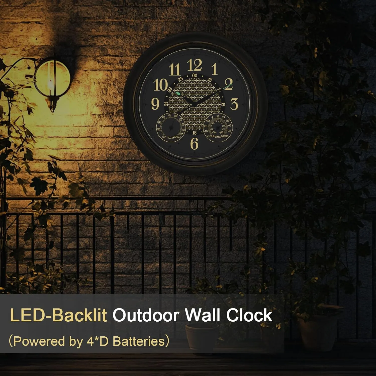 JoFomp 18 Inch Illuminated Outdoor Clock Waterproof, Metal Large Wall Clock with Temperature & Humidity, Lighted Clock with Smart Sensor, Outdoor Wall Clocks Battery Operated, Outside Clock for Patio