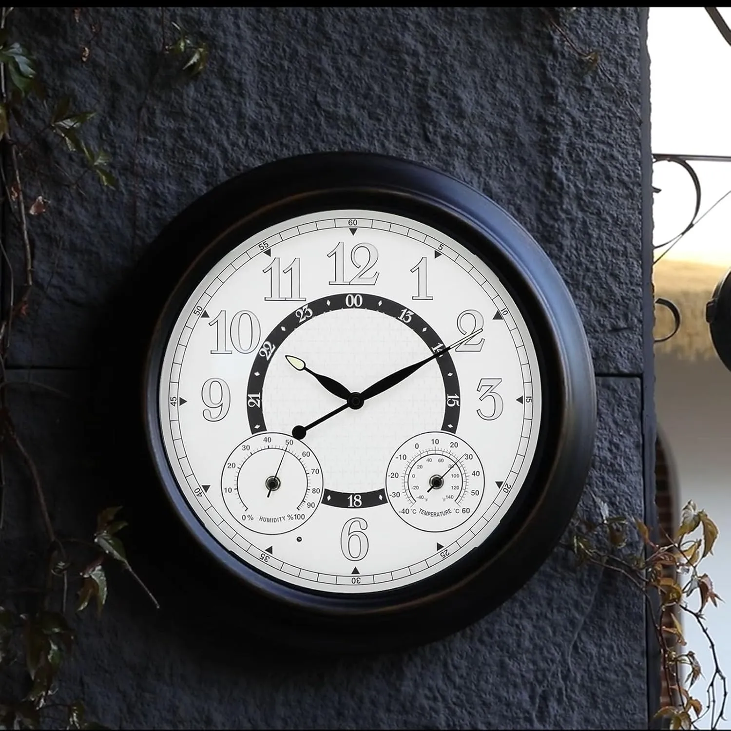 JoFomp 18 Inch Illuminated Outdoor Clock Waterproof, Metal Large Wall Clock with Temperature & Humidity, Lighted Clock with Smart Sensor, Outdoor Wall Clocks Battery Operated, Outside Clock for Patio