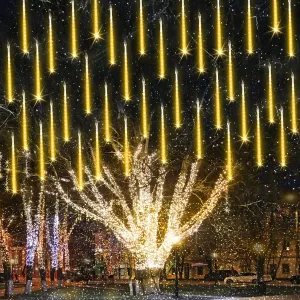 Joomer 2Pack Christmas Lights Outdoor, 11.8 inch 10 Tubes 240 LED Meteor Shower Lights, LED Falling Icicle Cascading Light with Timer Waterproof and Connectable for Christmas Decoration (Warm White)