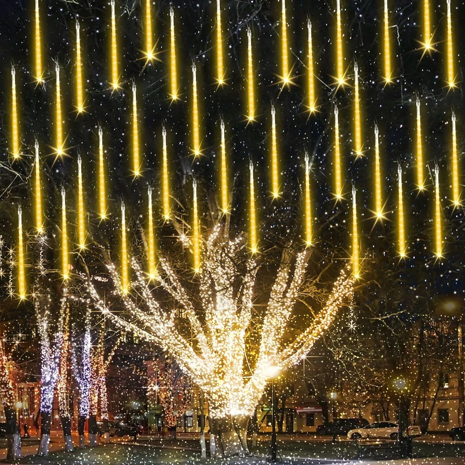 Joomer 2Pack Christmas Lights Outdoor, 11.8 inch 10 Tubes 240 LED Meteor Shower Lights, LED Falling Icicle Cascading Light with Timer Waterproof and Connectable for Christmas Decoration (Warm White)