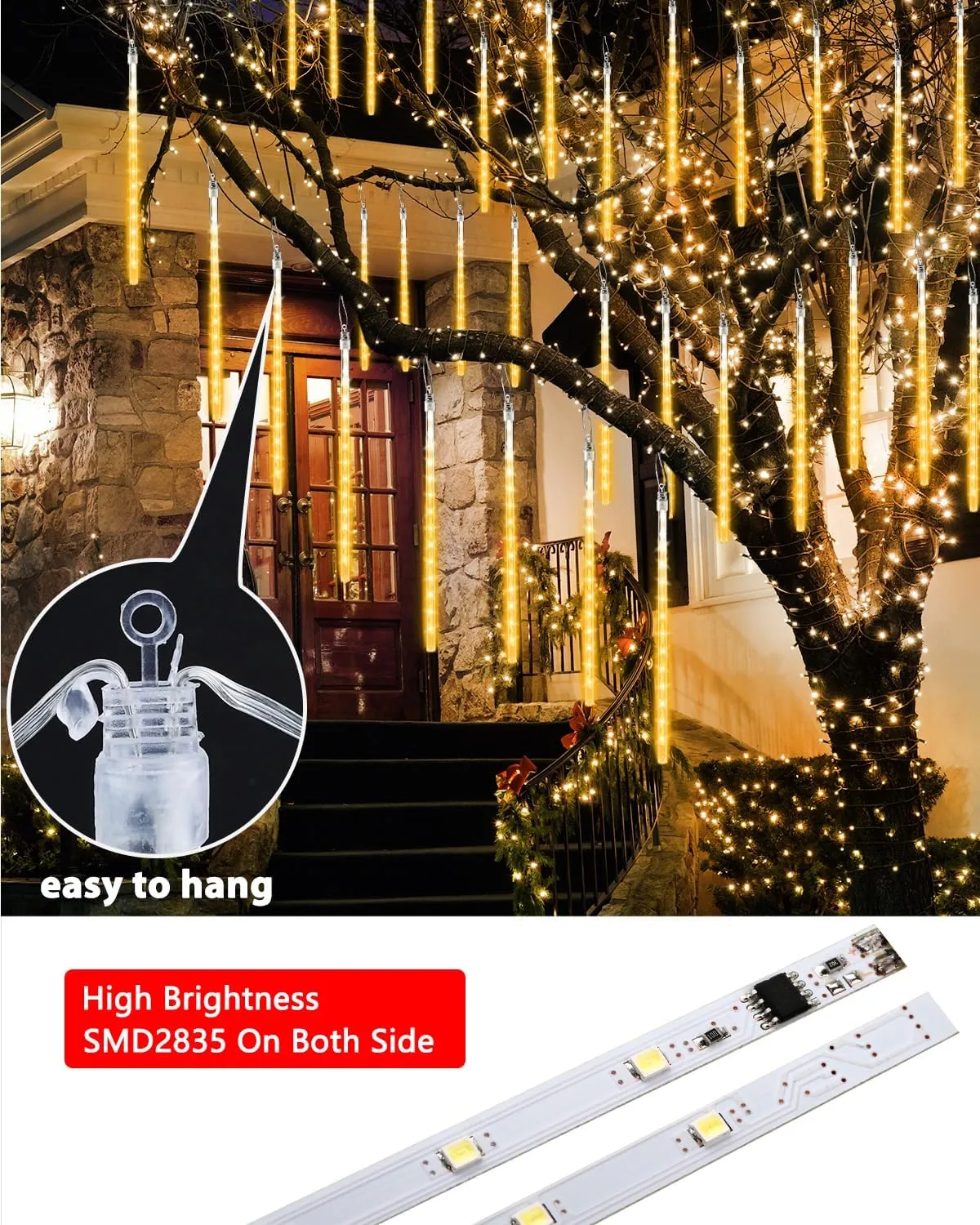 Joomer 2Pack Christmas Lights Outdoor, 11.8 inch 10 Tubes 240 LED Meteor Shower Lights, LED Falling Icicle Cascading Light with Timer Waterproof and Connectable for Christmas Decoration (Warm White)