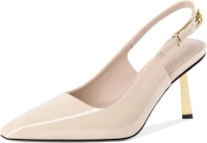 Joseywade Slingback Heels Women's Gold Heels Closed Square Toe Stiletto High Heel Pumps Metal Buckle Dress Shoes