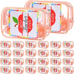 Kacctyen 24 Set Teacher Appreciation Gifts Clear Makeup Bag, PVC Best Teacher Ever Cosmetic Bags with Zipper, Raffia and Appreciation Cards for Thank You Graduation Party Decoration