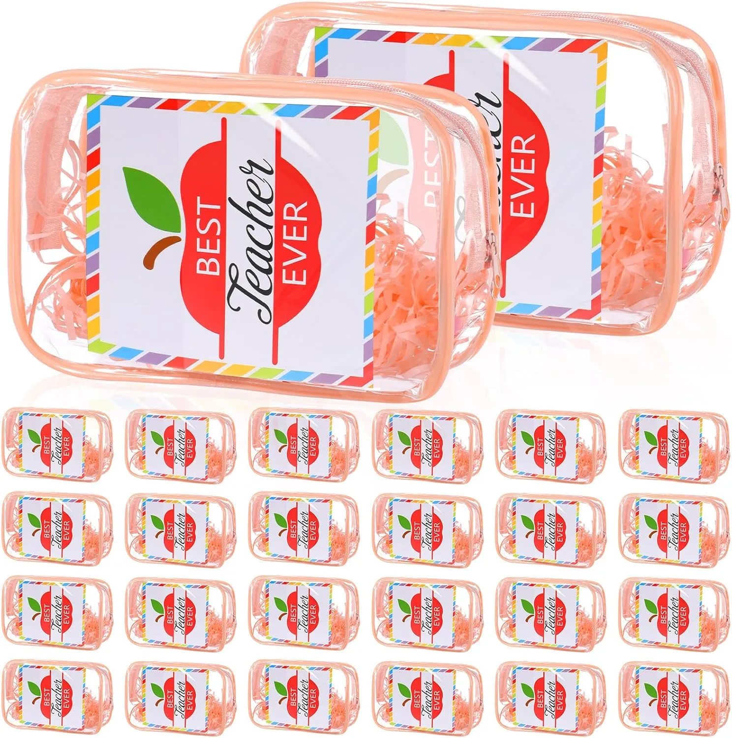 Kacctyen 24 Set Teacher Appreciation Gifts Clear Makeup Bag, PVC Best Teacher Ever Cosmetic Bags with Zipper, Raffia and Appreciation Cards for Thank You Graduation Party Decoration