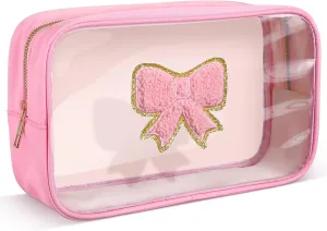 Kacctyen Pink Bow Clear Makeup Bag Coquette Pink Bow Travel Toiletry Preppy Cosmetic Bag Travel Organizer Trendy Portable Gift for Women Girlfriend Bridesmaid Birthday Mothers Day