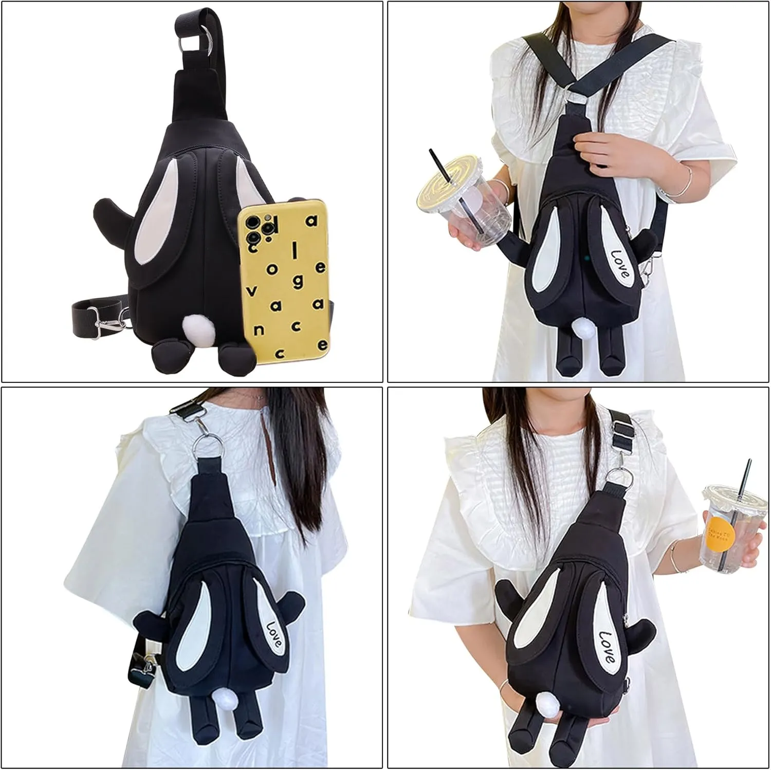 Kawaii Rabbit Shoulder Bag Coin Purse Messenger Bags Travel Daypack for Boys Girls,Detachable Strap Black 1#