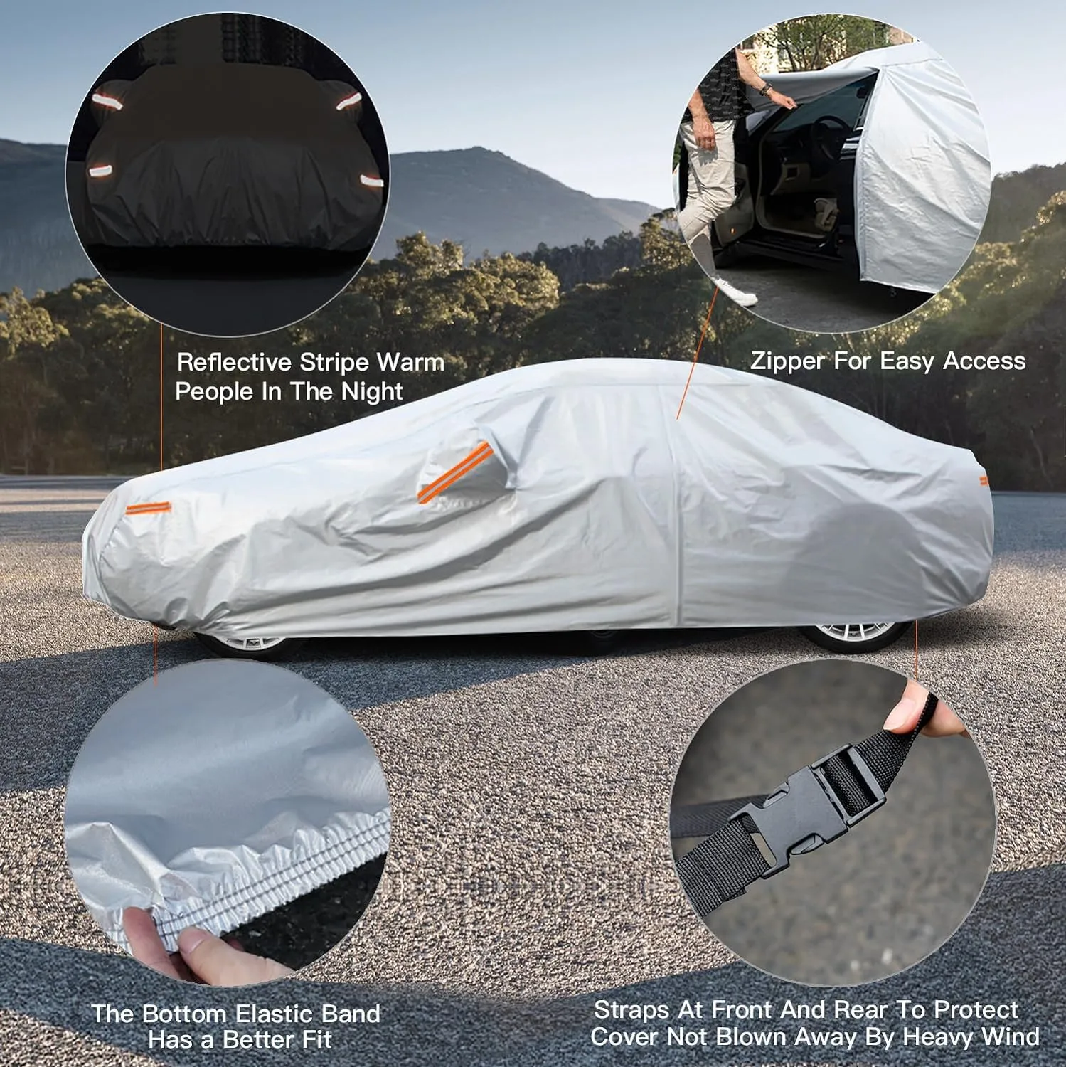 Kayme 6 Layers Car Cover Waterproof All Weather for Automobiles, Outdoor Full Cover Rain Sun UV Protection with Zipper Cotton, Universal Fit for Sedan (194-208 inch)