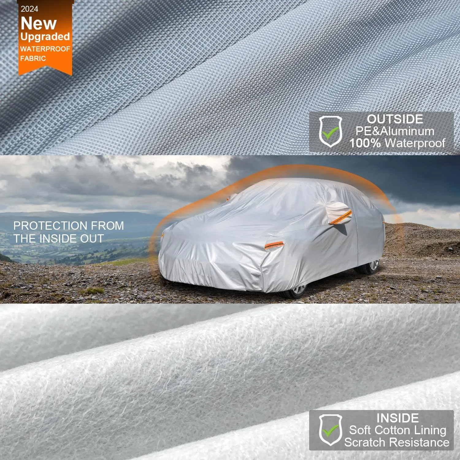 Kayme 6 Layers Car Cover Waterproof All Weather for Automobiles, Outdoor Full Cover Rain Sun UV Protection with Zipper Cotton, Universal Fit for Sedan (194-208 inch)