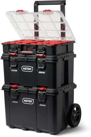 Keter Stack-n-Roll Modular Tools Organizer for Garage Storage and DIY, 3 Piece Resin Rolling Tool Box System for Small Parts