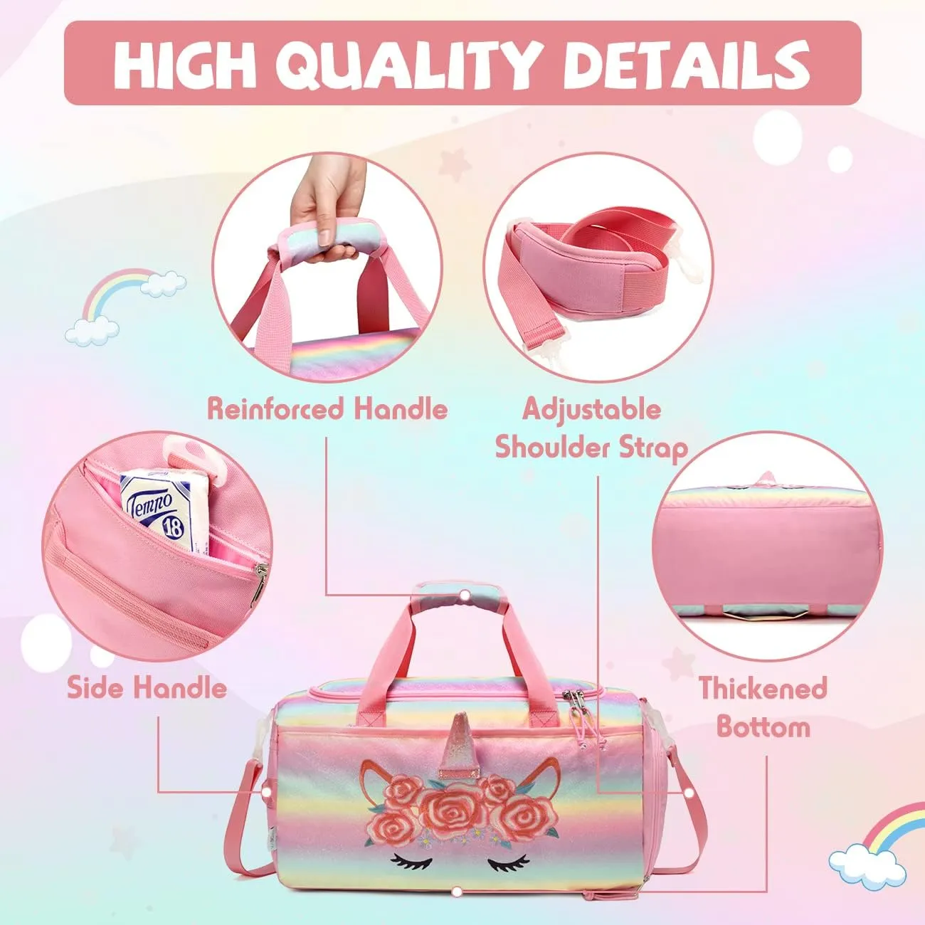 Kids Duffle Bag,VASCHY Travel Bag for Toddler Children Girls Water Resistant Overnight Duffel Ballet Dance Sport Carry On Weekender Bag with Shoes Compartment Dry Wet Pocket Unicorn