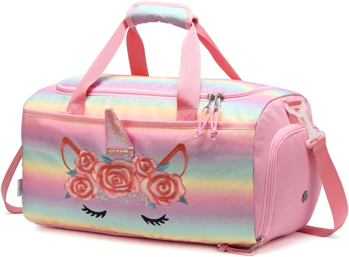 Kids Duffle Bag,VASCHY Travel Bag for Toddler Children Girls Water Resistant Overnight Duffel Ballet Dance Sport Carry On Weekender Bag with Shoes Compartment Dry Wet Pocket Unicorn