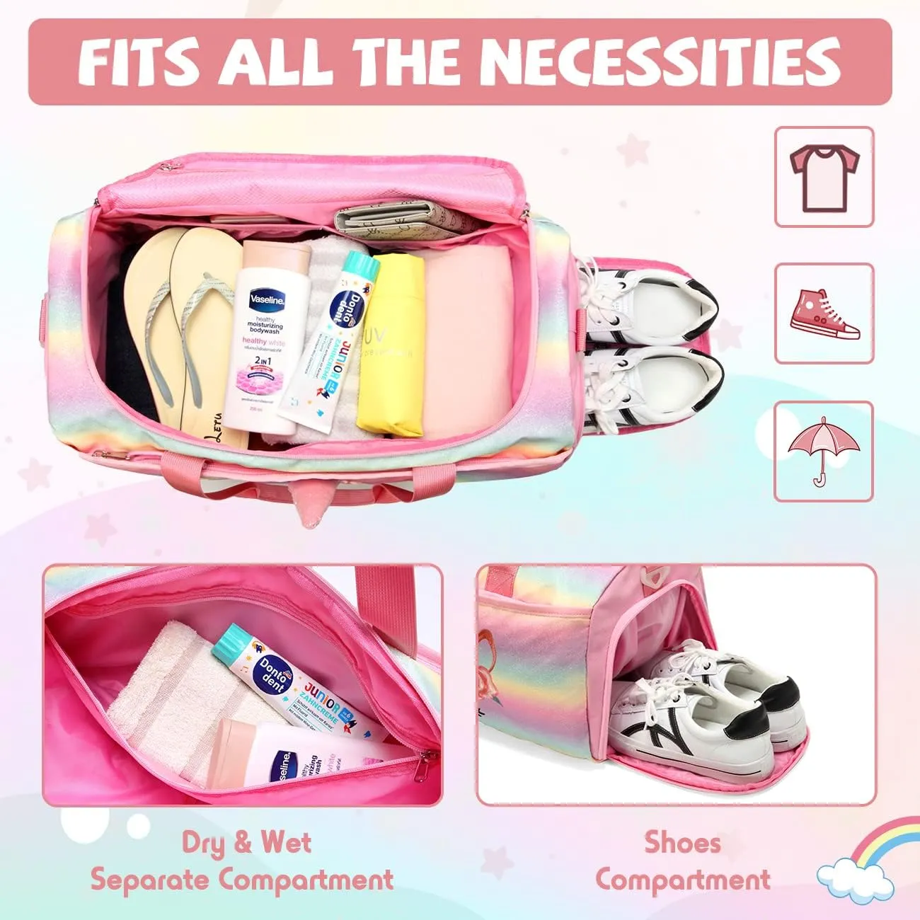 Kids Duffle Bag,VASCHY Travel Bag for Toddler Children Girls Water Resistant Overnight Duffel Ballet Dance Sport Carry On Weekender Bag with Shoes Compartment Dry Wet Pocket Unicorn