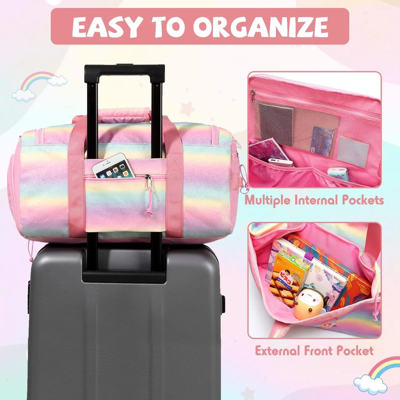 Kids Duffle Bag,VASCHY Travel Bag for Toddler Children Girls Water Resistant Overnight Duffel Ballet Dance Sport Carry On Weekender Bag with Shoes Compartment Dry Wet Pocket Unicorn