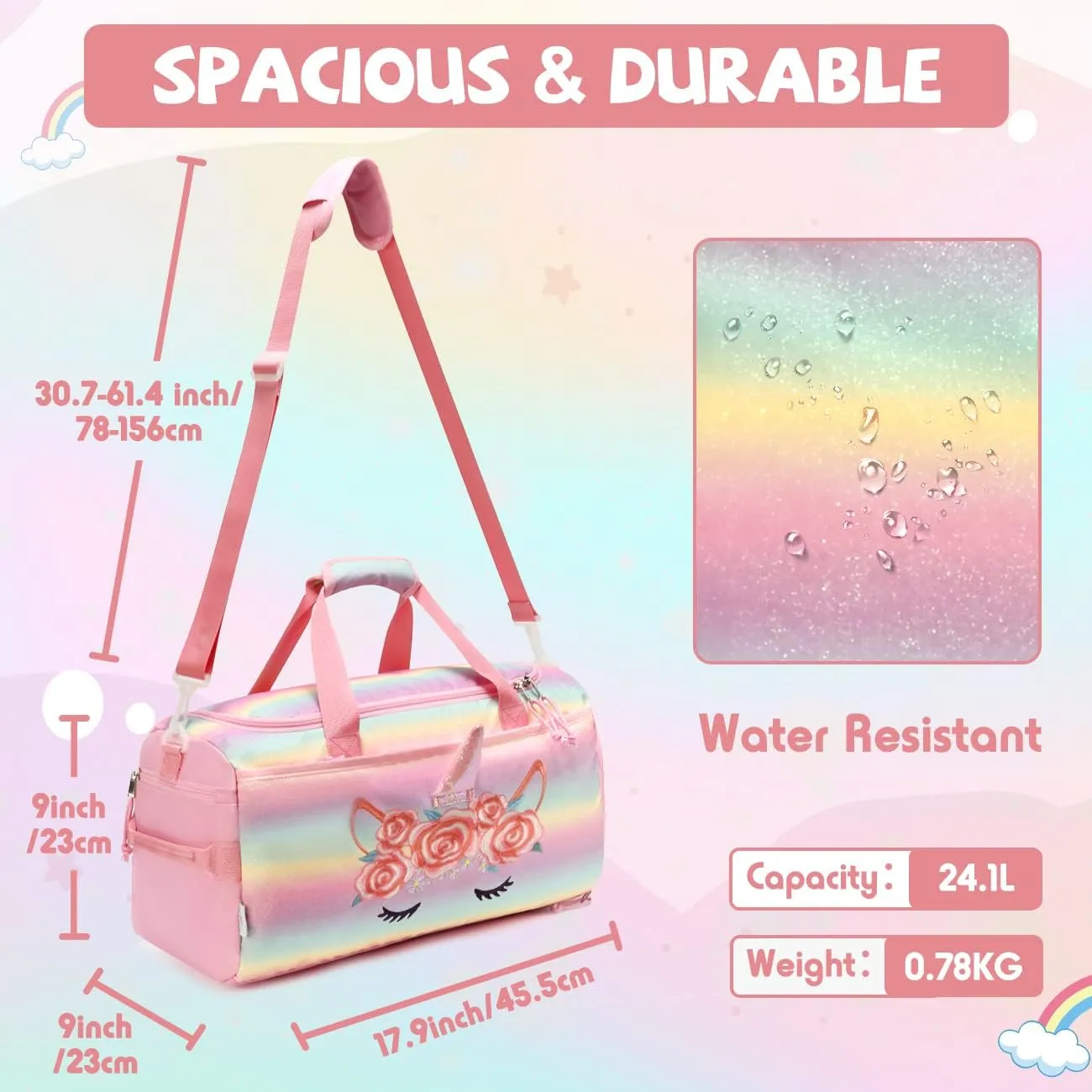 Kids Duffle Bag,VASCHY Travel Bag for Toddler Children Girls Water Resistant Overnight Duffel Ballet Dance Sport Carry On Weekender Bag with Shoes Compartment Dry Wet Pocket Unicorn