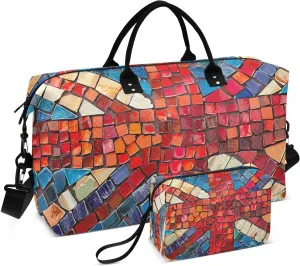 Kigai Foldable Travel Duffel Bags,Ceramic Tile Style British Flag Sports Duffel Bags for Men Women,Weekender Overnight Bag Gym Tote Bag with Toiletry Bag