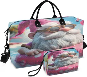 Kigai Foldable Travel Duffel Bags,Dwarf Old Man and Flamingo Sports Duffel Bags for Men Women,Weekender Overnight Bag Gym Tote Bag with Toiletry Bag