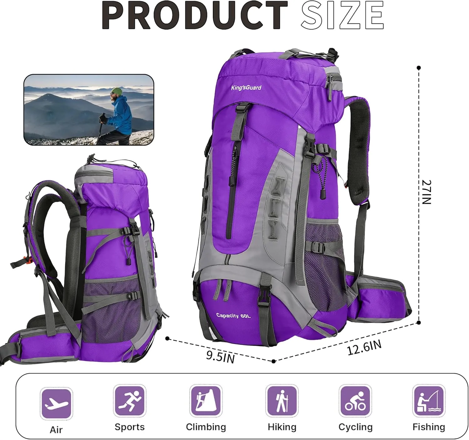 King'sGuard 60L Hiking Backpack Men Women Camping Backpack Waterproof Backpacking Mountaineering Climbing Daypack with Rain Cover (Purple)