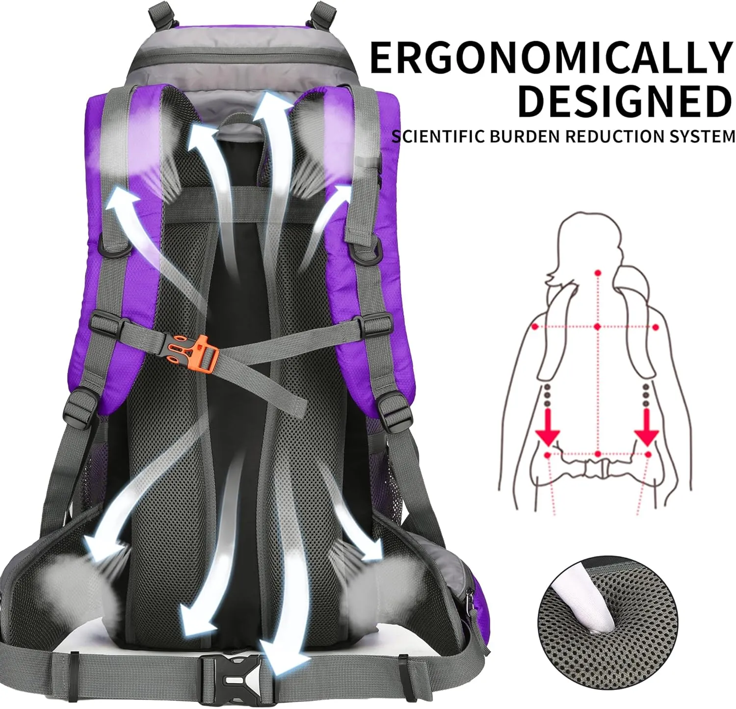 King'sGuard 60L Hiking Backpack Men Women Camping Backpack Waterproof Backpacking Mountaineering Climbing Daypack with Rain Cover (Purple)