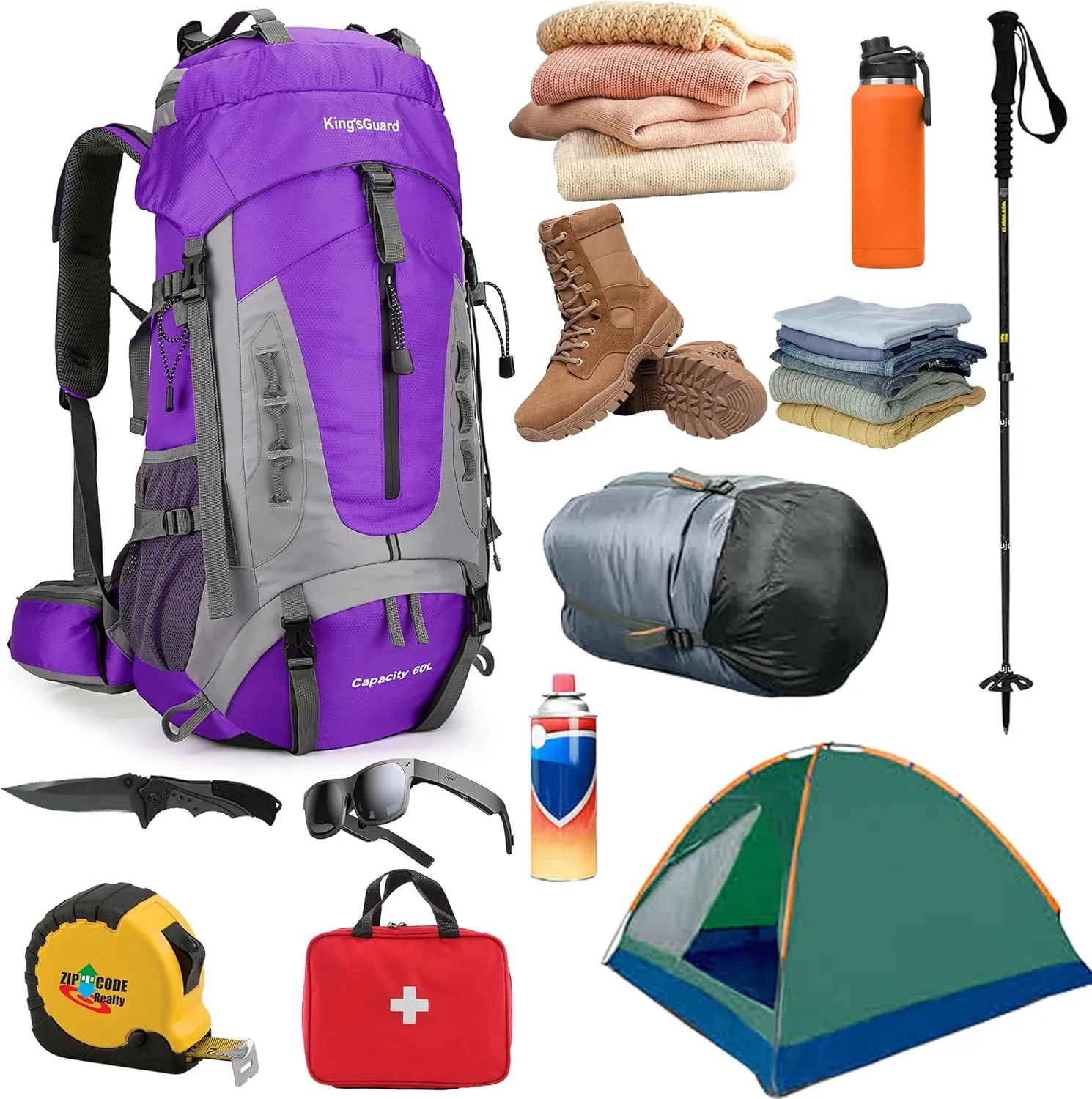King'sGuard 60L Hiking Backpack Men Women Camping Backpack Waterproof Backpacking Mountaineering Climbing Daypack with Rain Cover (Purple)