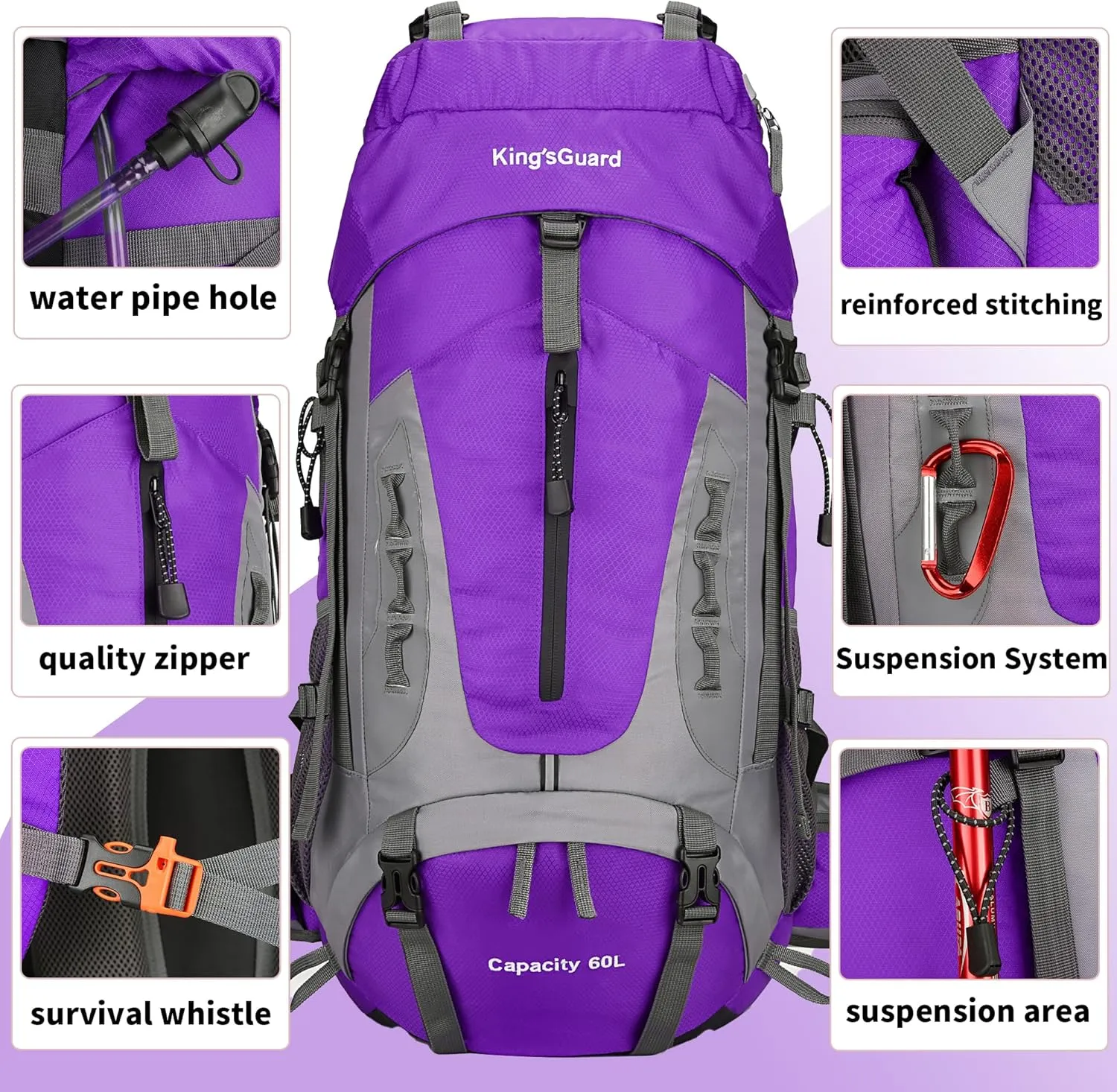 King'sGuard 60L Hiking Backpack Men Women Camping Backpack Waterproof Backpacking Mountaineering Climbing Daypack with Rain Cover (Purple)