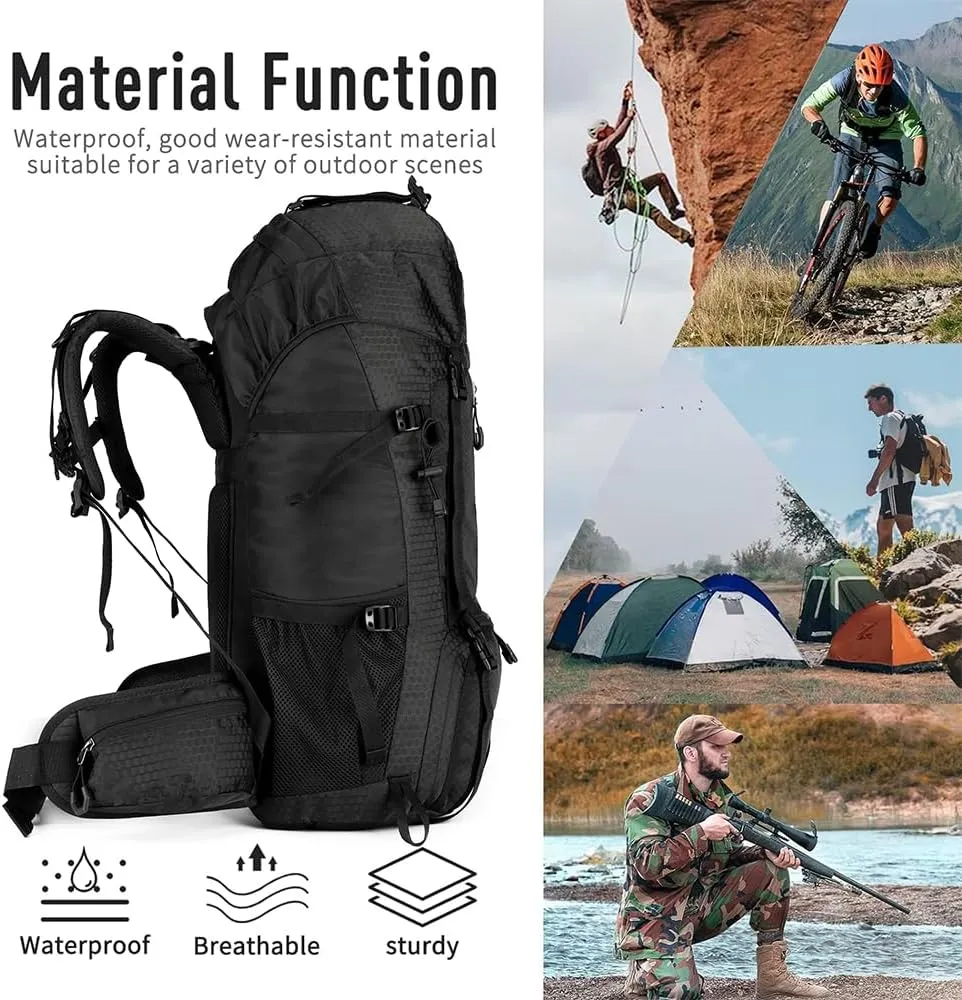 King'sGuard 60L Hiking Backpack, Waterproof Camping Backpacking Backpack for Men Outdoor Traveling Climbing Daypack with Rain Cover (Black)