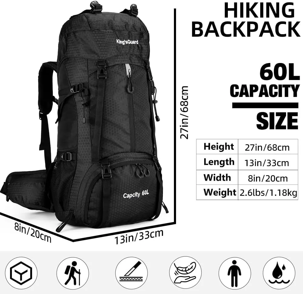 King'sGuard 60L Hiking Backpack, Waterproof Camping Backpacking Backpack for Men Outdoor Traveling Climbing Daypack with Rain Cover (Black)