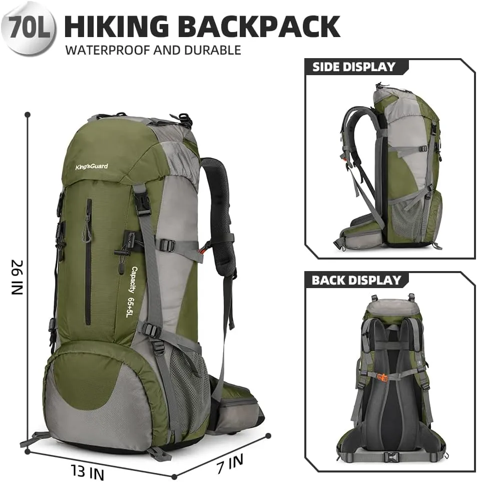 King'sGuard 70L Hiking Backpack with Rain Cover Lightweight Travel Backpack Waterproof Camping Backpack