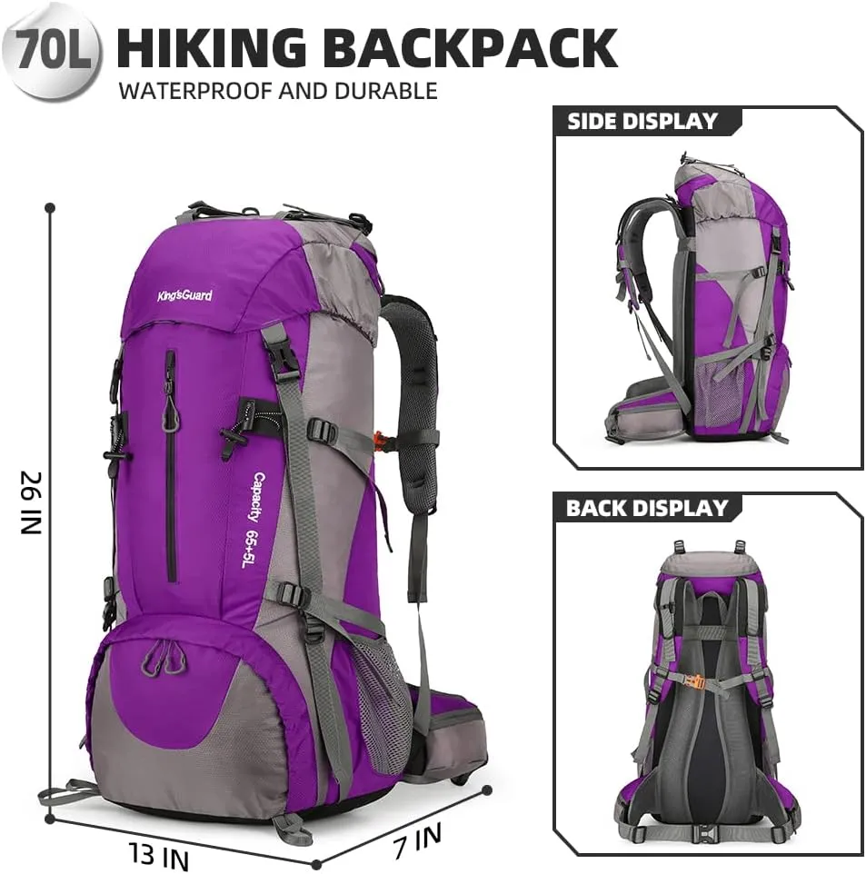 King'sGuard 70L Hiking Backpack with Rain Cover Lightweight Travel Backpack Waterproof Camping Backpack