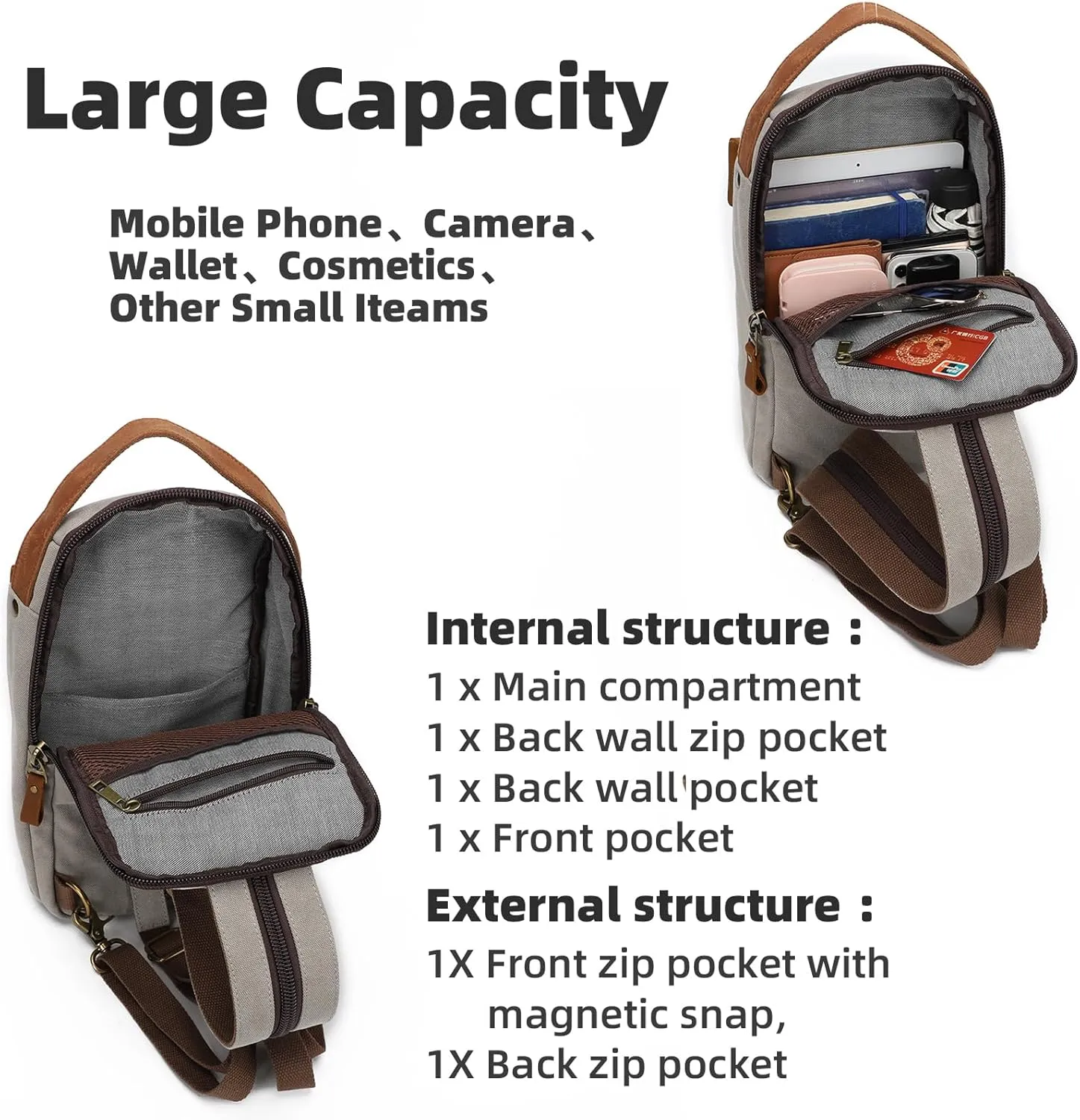 KL928 Canvas Sling Bag Crossbody Backpack Sling Backpack Shoulder Bag Casual Daypacks for Men Women