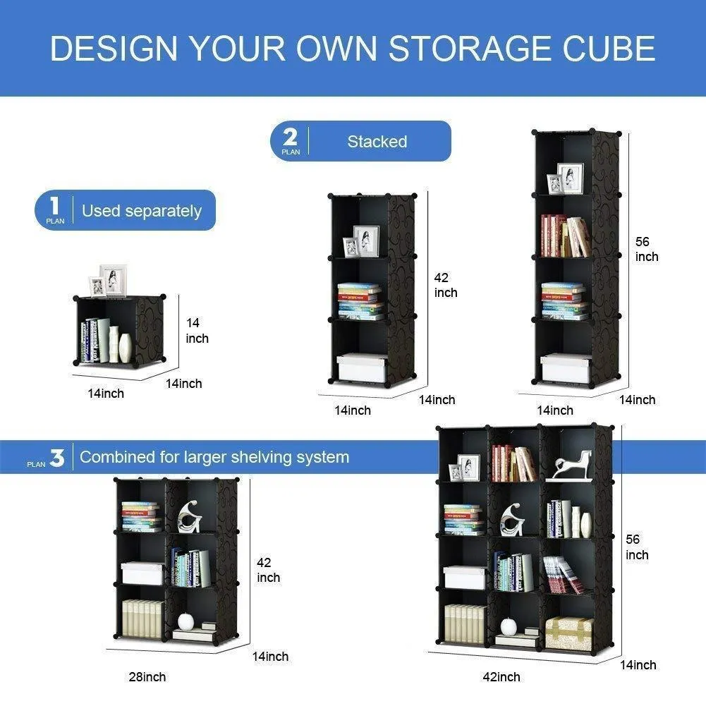 KOUSI Portable Storage Shelf Cube Shelving Bookcase Bookshelf Cubby Organizing Closet Toy Organizer Cabinet (Black (No Door), 16 Cubes)
