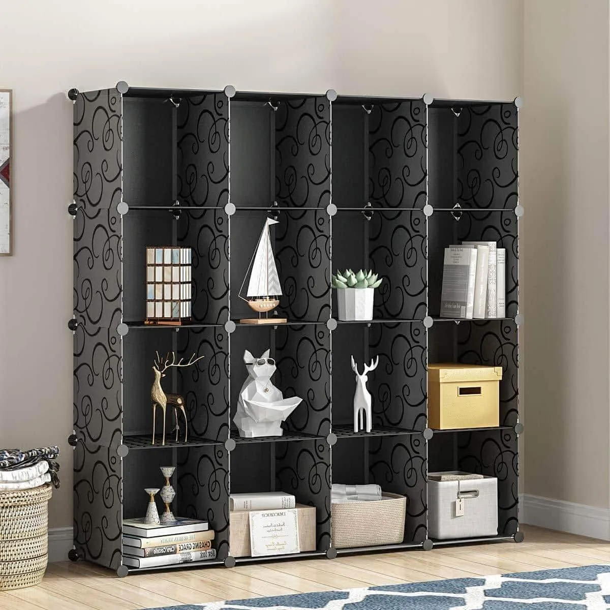 KOUSI Portable Storage Shelf Cube Shelving Bookcase Bookshelf Cubby Organizing Closet Toy Organizer Cabinet (Black (No Door), 16 Cubes)