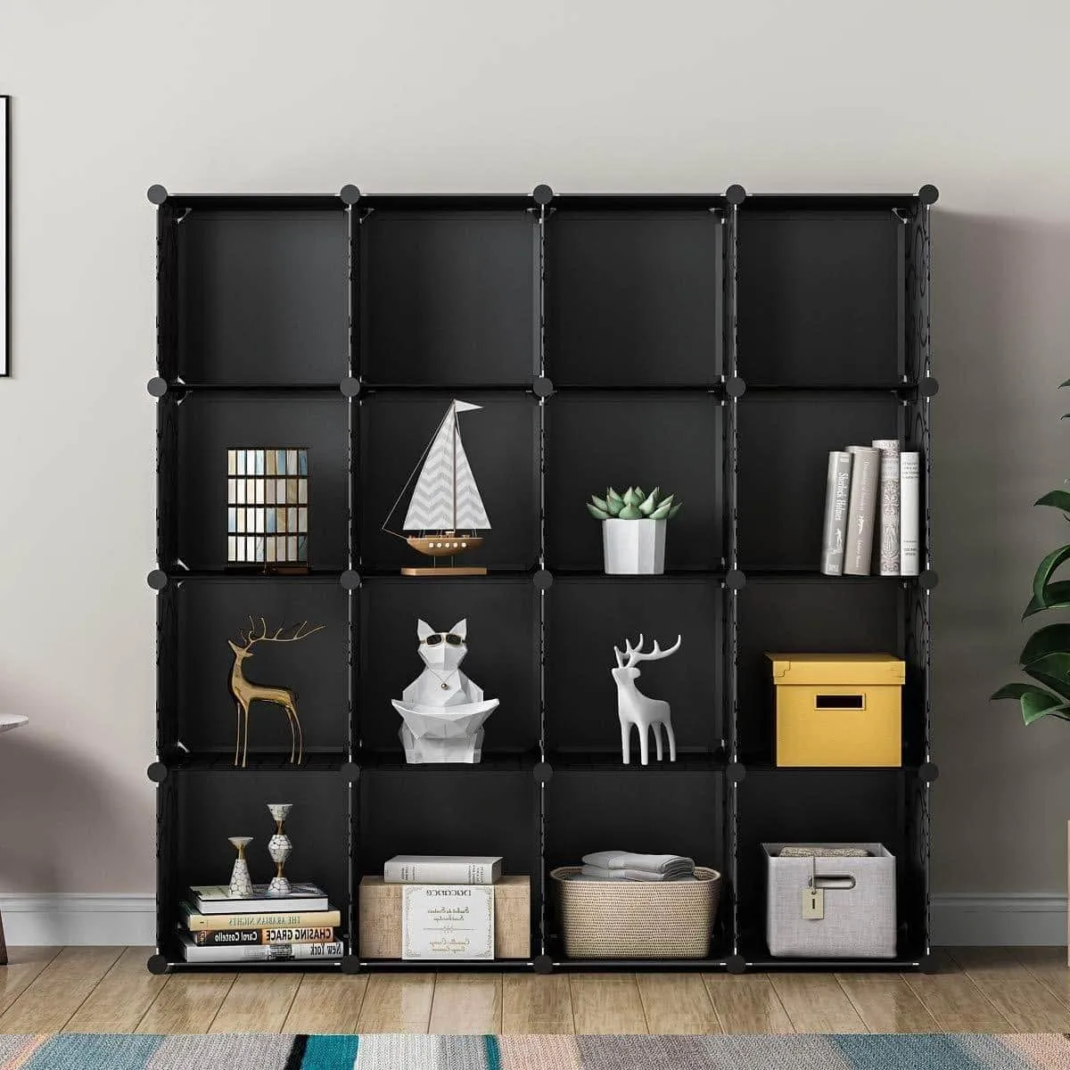 KOUSI Portable Storage Shelf Cube Shelving Bookcase Bookshelf Cubby Organizing Closet Toy Organizer Cabinet (Black (No Door), 16 Cubes)