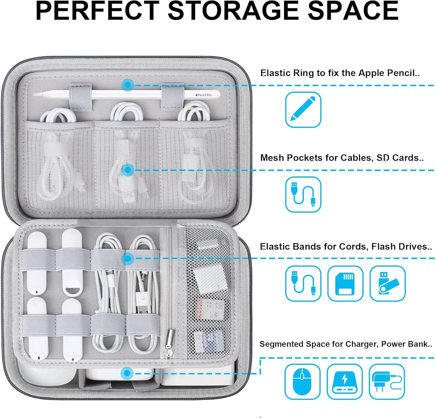 Lacdo Hard Travel Electronic Organizer Case for MacBook Power Adapter Charger, Cables, Apple Pencil, Mouse, Power Bank, USB Flash Disk,SD Card Small Protective Portable Accessories & 3 Cable Tie, Gray
