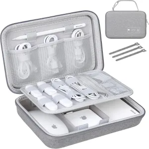 Lacdo Hard Travel Electronic Organizer Case for MacBook Power Adapter Charger, Cables, Apple Pencil, Mouse, Power Bank, USB Flash Disk,SD Card Small Protective Portable Accessories & 3 Cable Tie, Gray