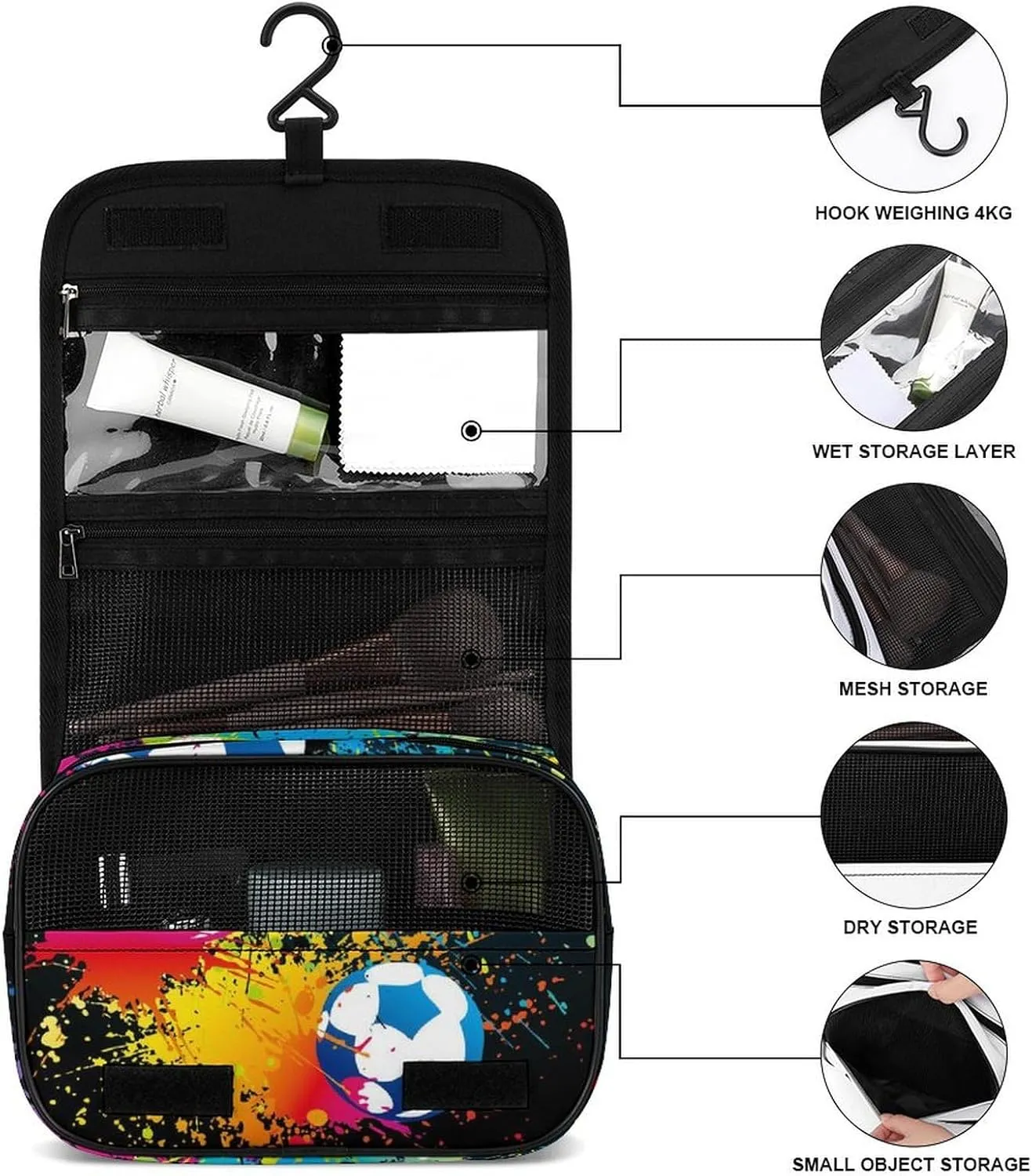 Large Capacity Hanging Toiletry Bag, Colorful Paint Splash Ink Soccer Ball Football Black Makeup Pouch for Women and Men, Waterproof Cosmetic Storage Organizer Case