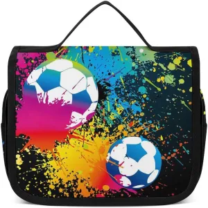 Large Capacity Hanging Toiletry Bag, Colorful Paint Splash Ink Soccer Ball Football Black Makeup Pouch for Women and Men, Waterproof Cosmetic Storage Organizer Case