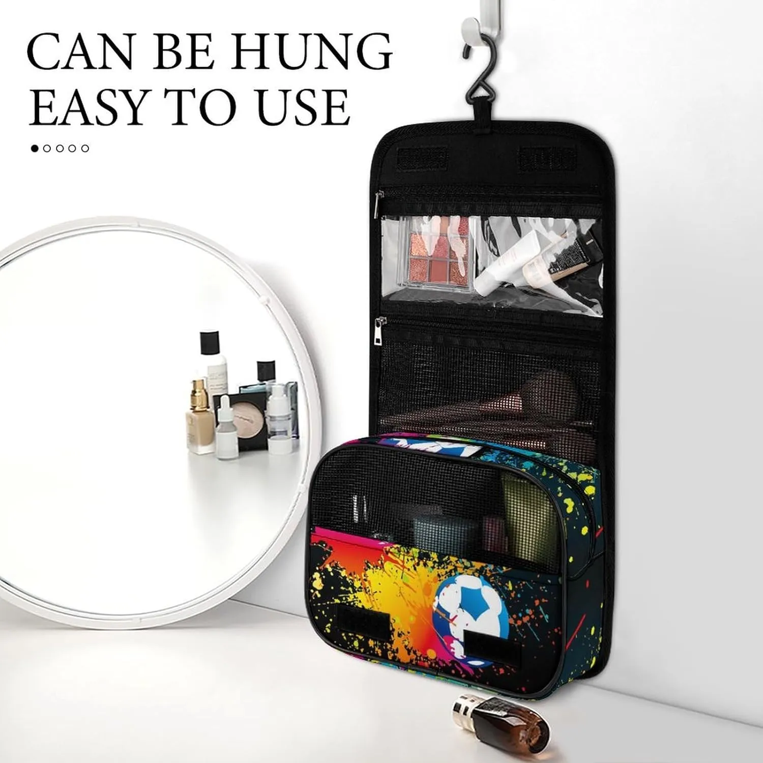 Large Capacity Hanging Toiletry Bag, Colorful Paint Splash Ink Soccer Ball Football Black Makeup Pouch for Women and Men, Waterproof Cosmetic Storage Organizer Case