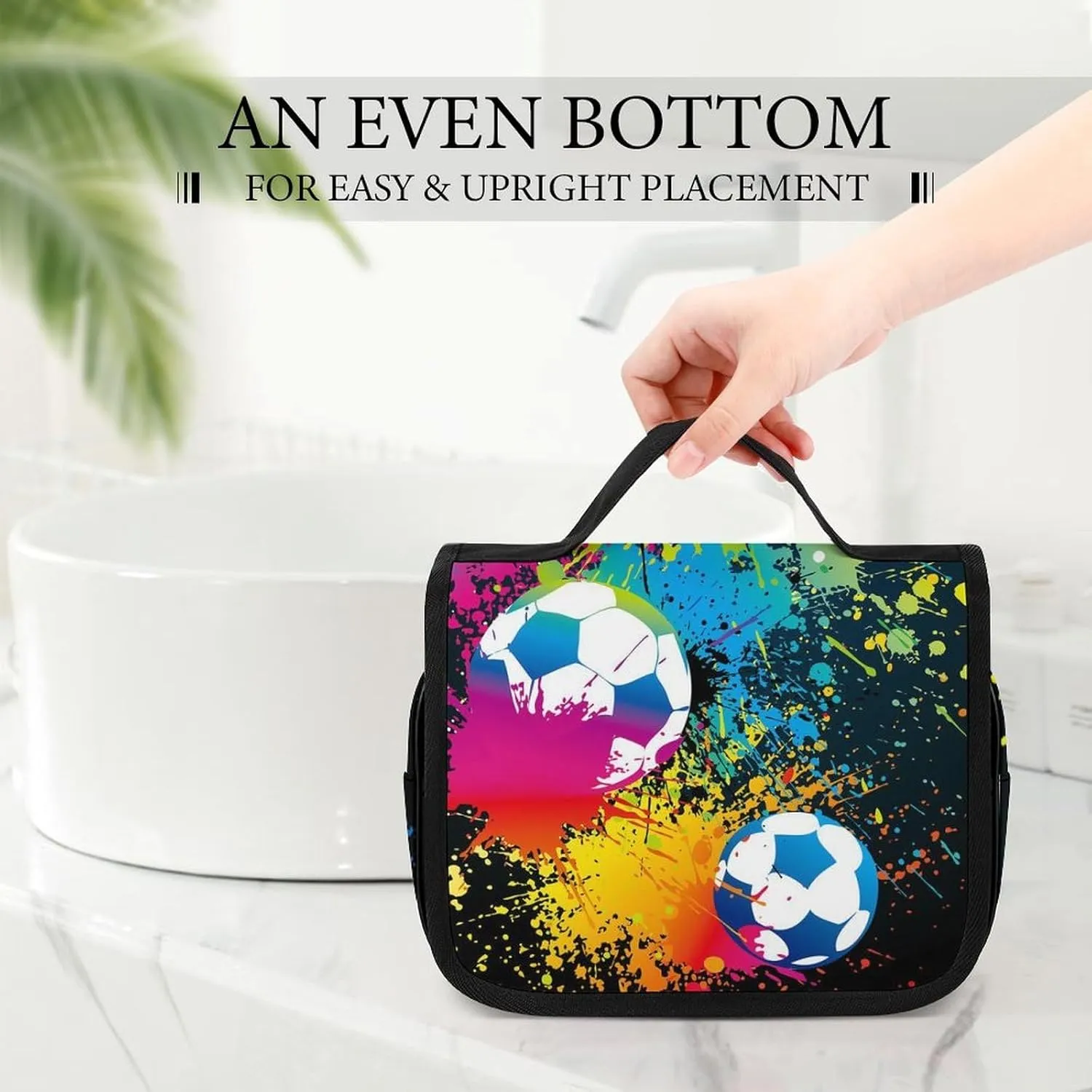 Large Capacity Hanging Toiletry Bag, Colorful Paint Splash Ink Soccer Ball Football Black Makeup Pouch for Women and Men, Waterproof Cosmetic Storage Organizer Case