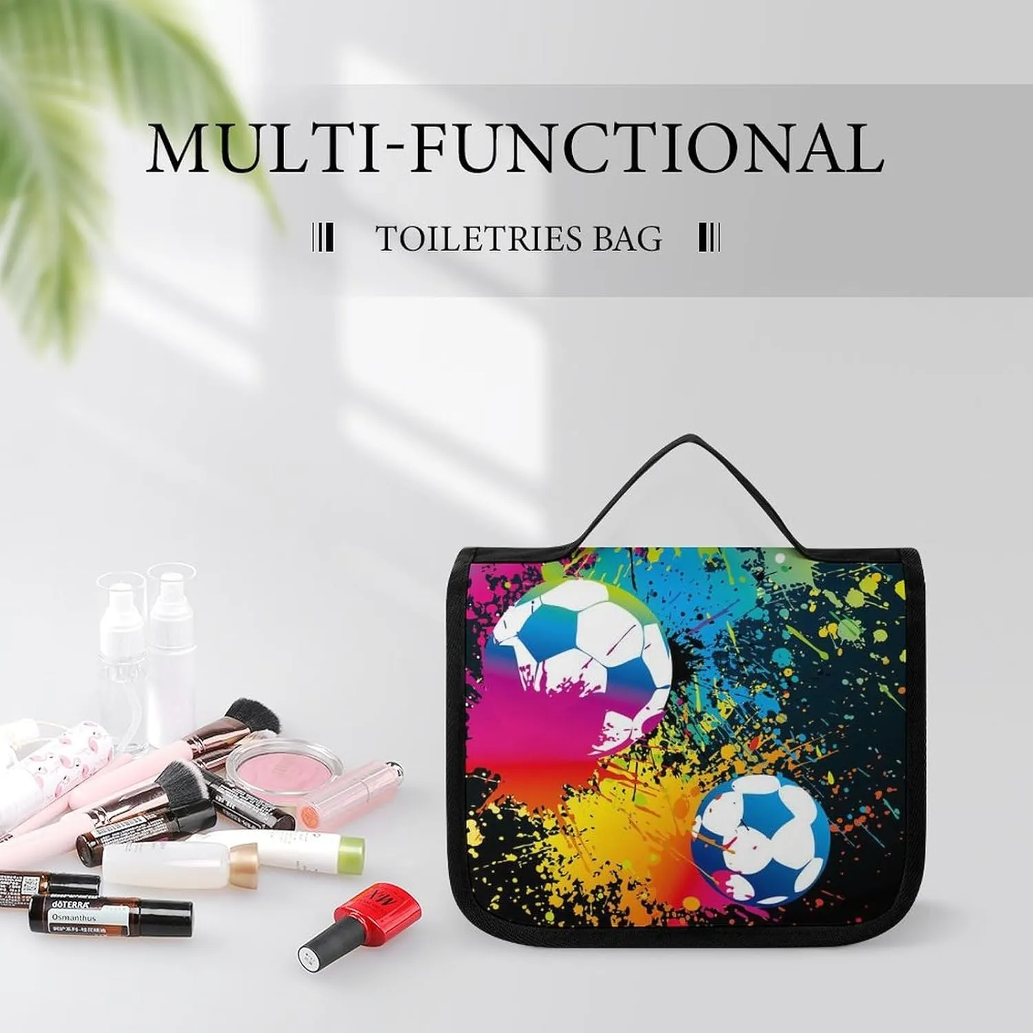 Large Capacity Hanging Toiletry Bag, Colorful Paint Splash Ink Soccer Ball Football Black Makeup Pouch for Women and Men, Waterproof Cosmetic Storage Organizer Case