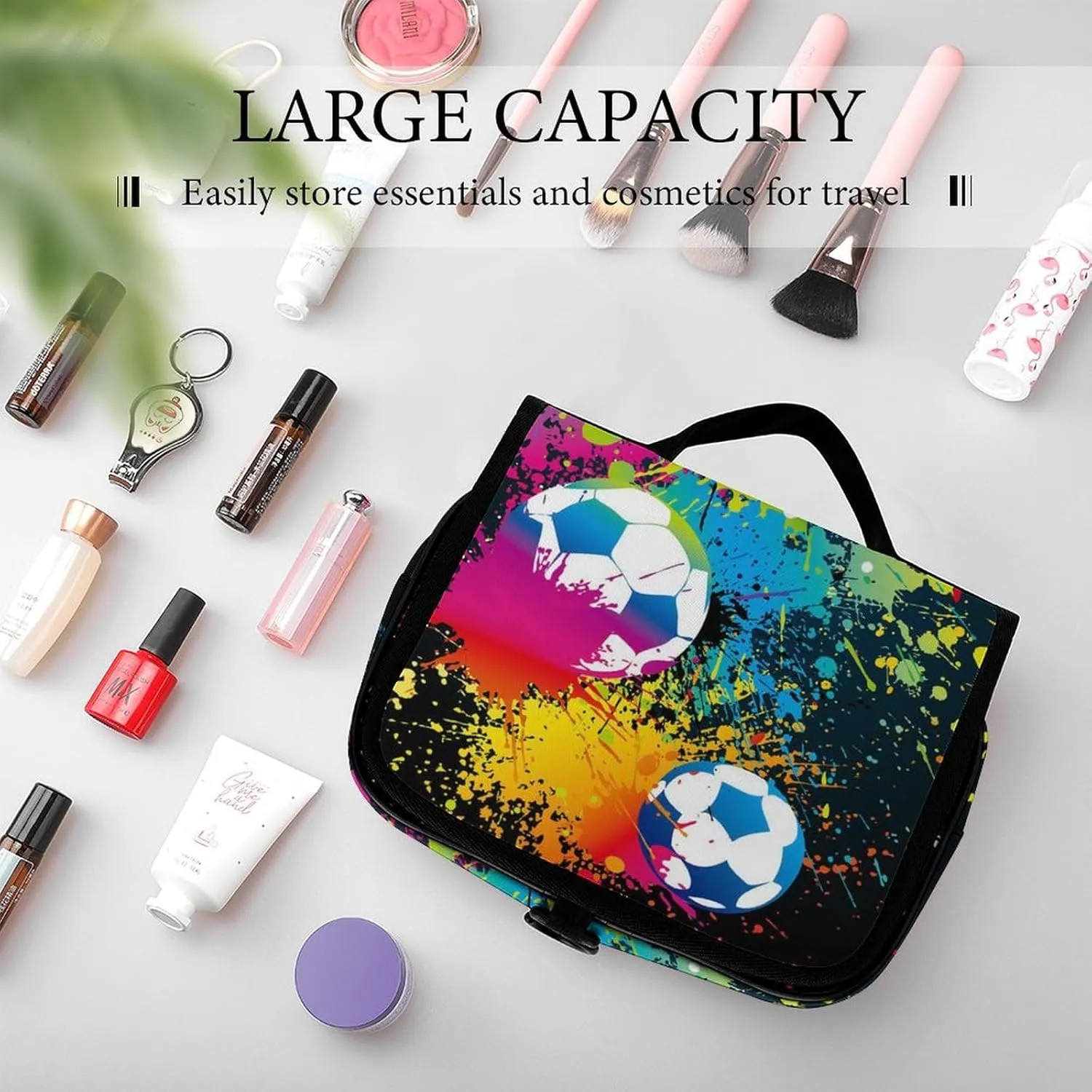 Large Capacity Hanging Toiletry Bag, Colorful Paint Splash Ink Soccer Ball Football Black Makeup Pouch for Women and Men, Waterproof Cosmetic Storage Organizer Case