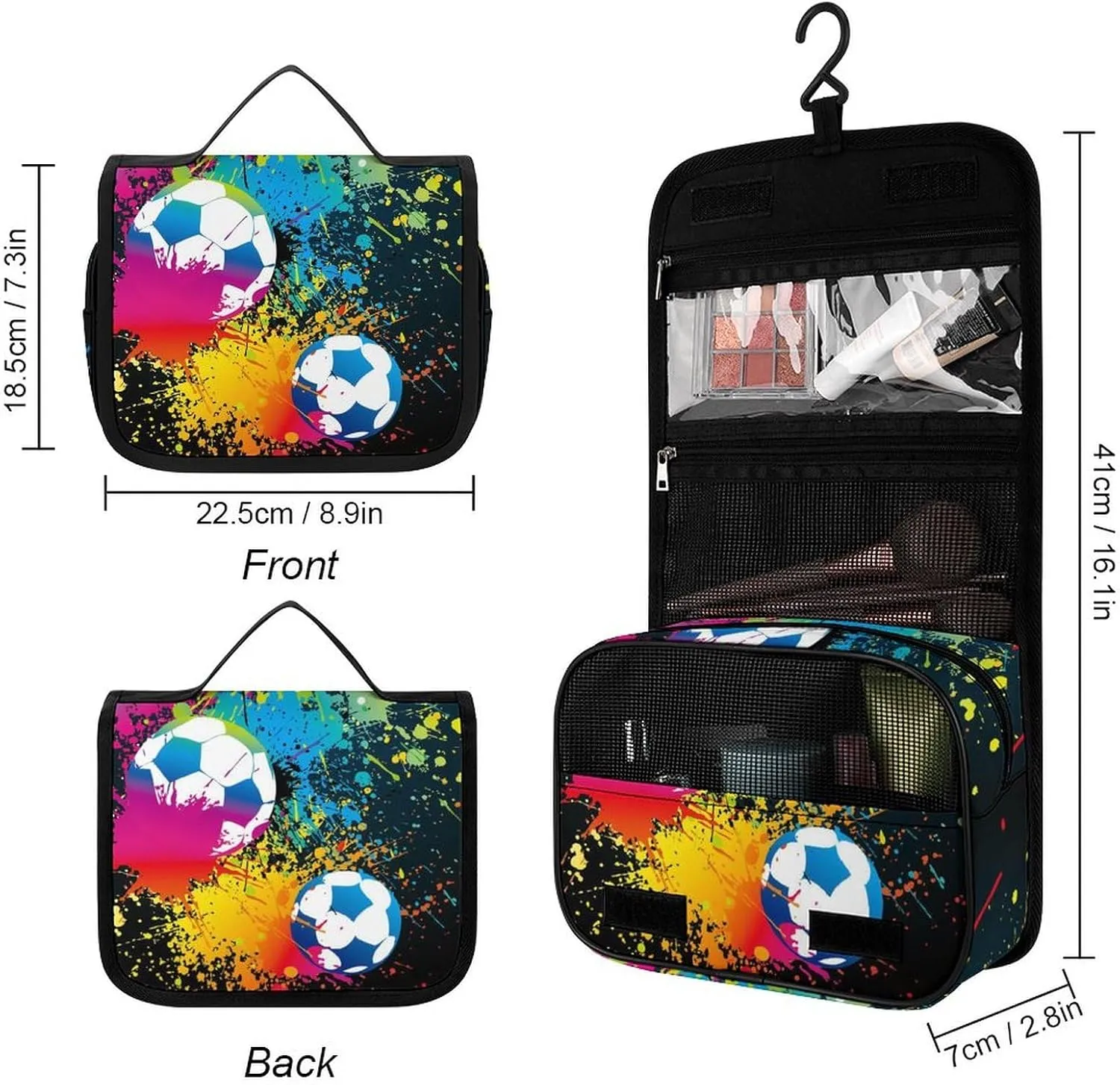 Large Capacity Hanging Toiletry Bag, Colorful Paint Splash Ink Soccer Ball Football Black Makeup Pouch for Women and Men, Waterproof Cosmetic Storage Organizer Case