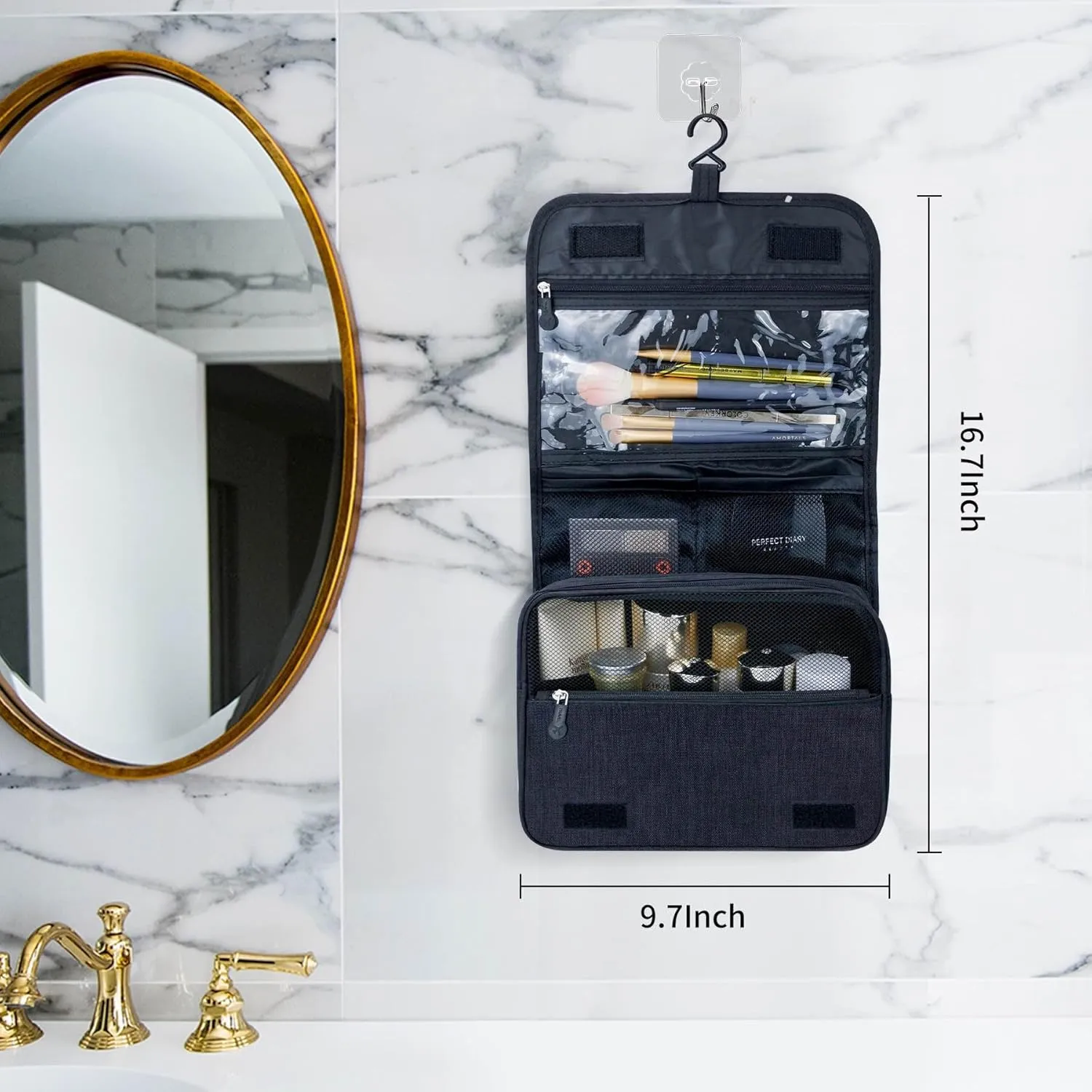 Large Capacity Toiletry Bag Travel Bag with Hanging Hook for Men and Women Waterproof Travel Cosmetic Bag Bathroom, with Brown Bag is Automatically Closed for Headset Lipstick Jewelry