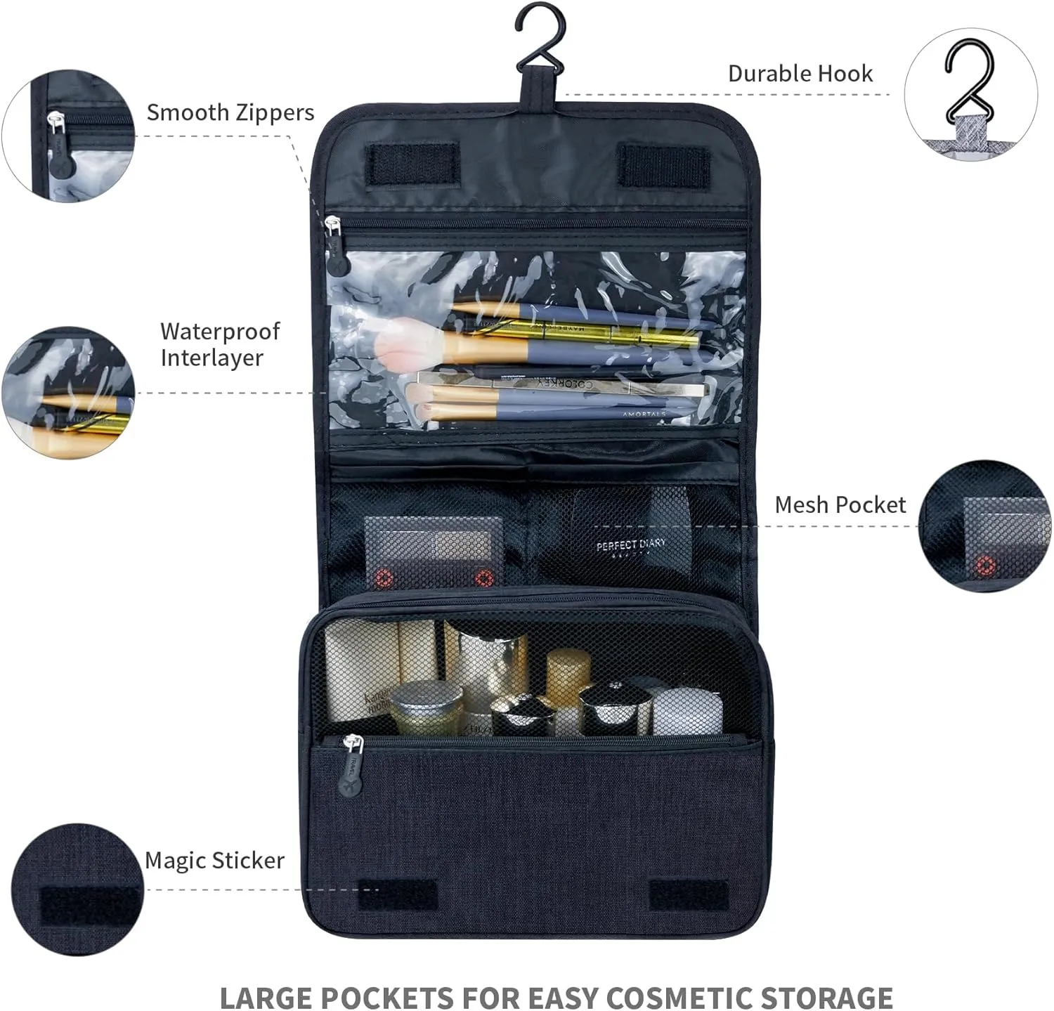 Large Capacity Toiletry Bag Travel Bag with Hanging Hook for Men and Women Waterproof Travel Cosmetic Bag Bathroom, with Brown Bag is Automatically Closed for Headset Lipstick Jewelry