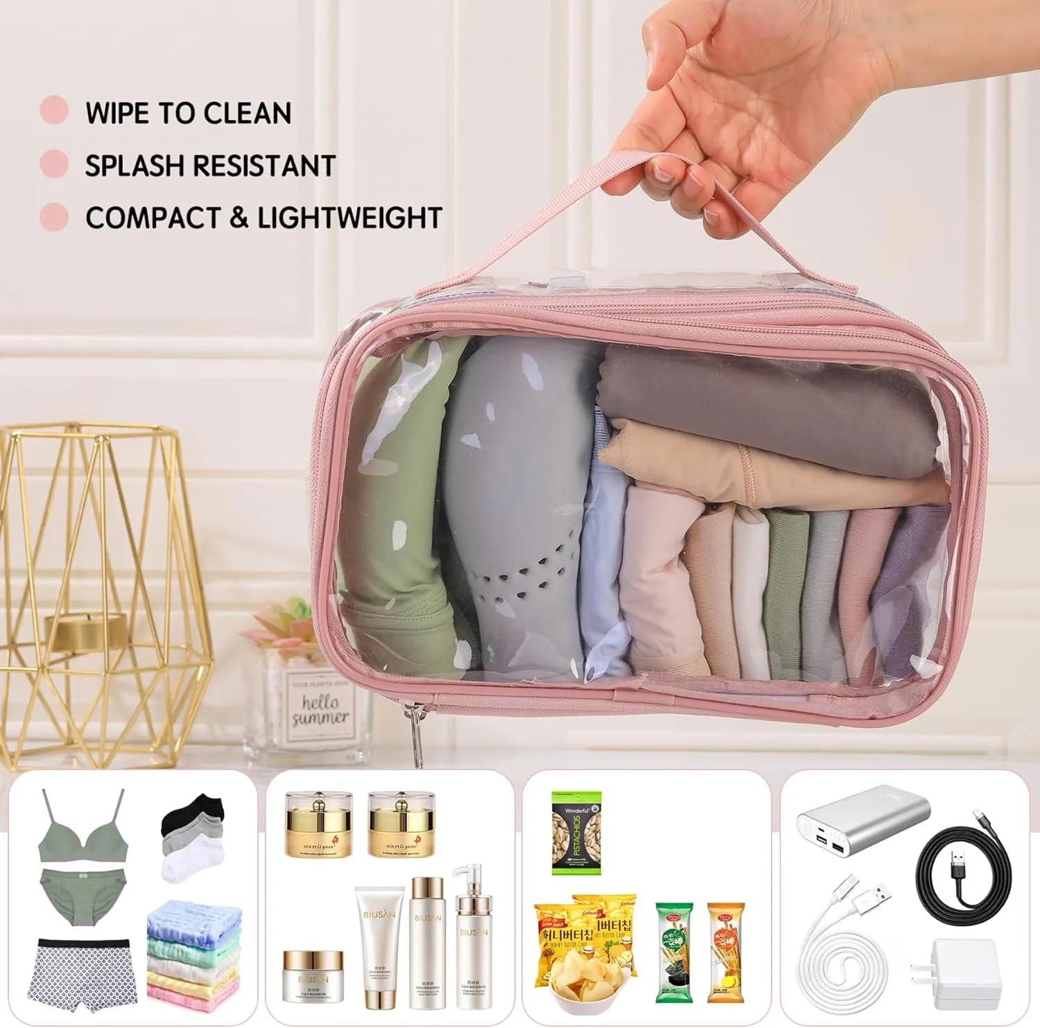Large clear travel pouch,TSA approved toiletry reusable organizer with zipper proof purse makeup case carry On (Pink)