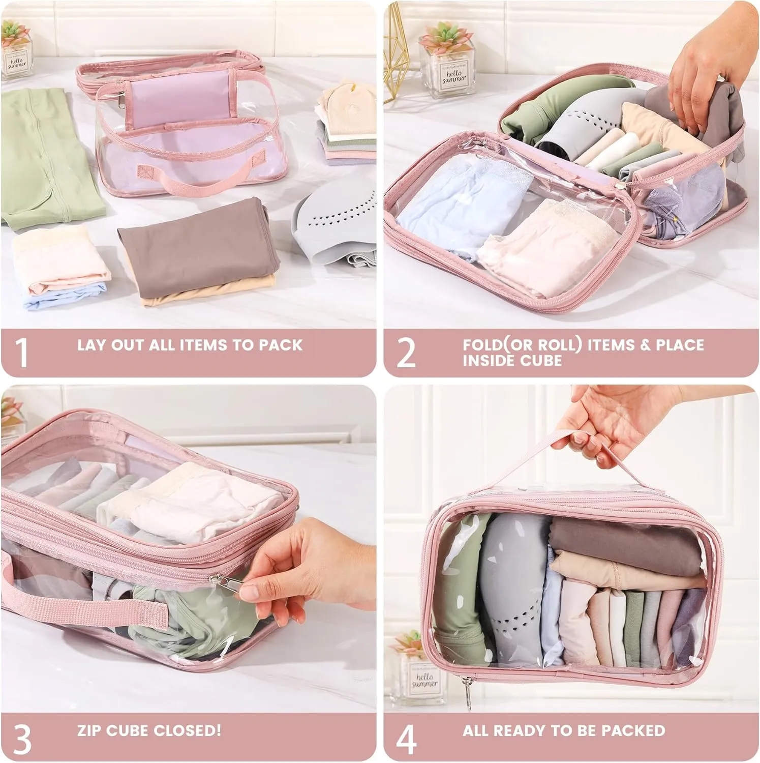 Large clear travel pouch,TSA approved toiletry reusable organizer with zipper proof purse makeup case carry On (Pink)