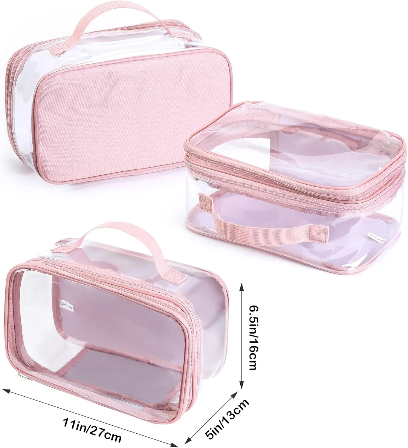 Large clear travel pouch,TSA approved toiletry reusable organizer with zipper proof purse makeup case carry On (Pink)