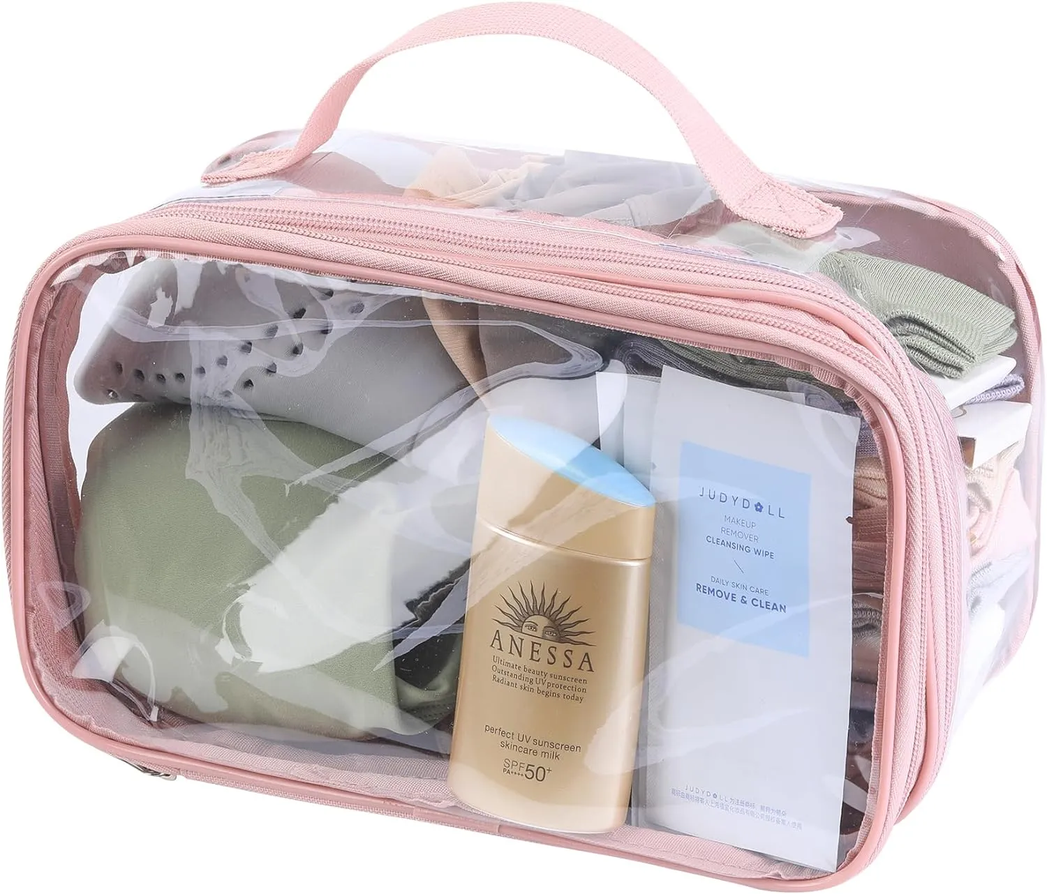 Large clear travel pouch,TSA approved toiletry reusable organizer with zipper proof purse makeup case carry On (Pink)