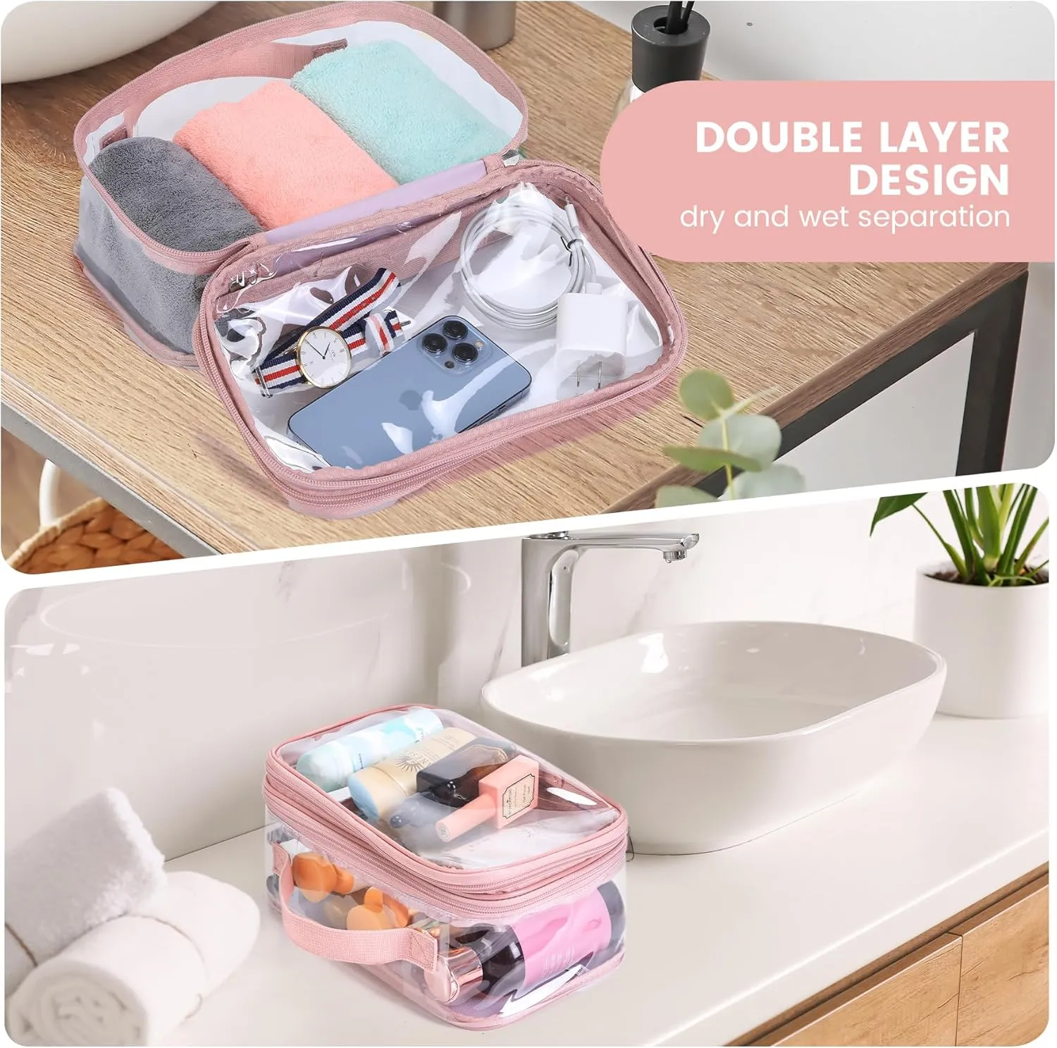 Large clear travel pouch,TSA approved toiletry reusable organizer with zipper proof purse makeup case carry On (Pink)
