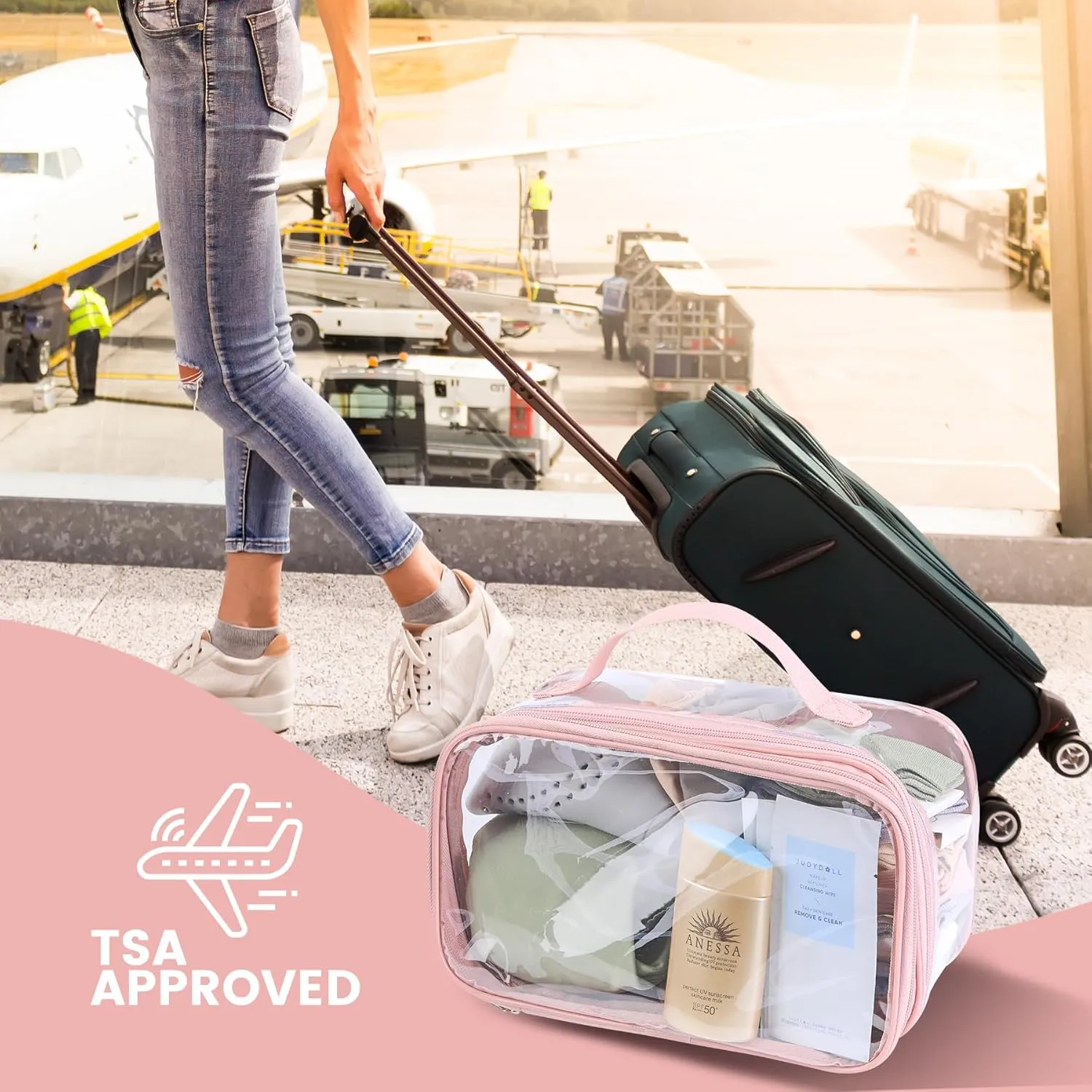 Large clear travel pouch,TSA approved toiletry reusable organizer with zipper proof purse makeup case carry On (Pink)